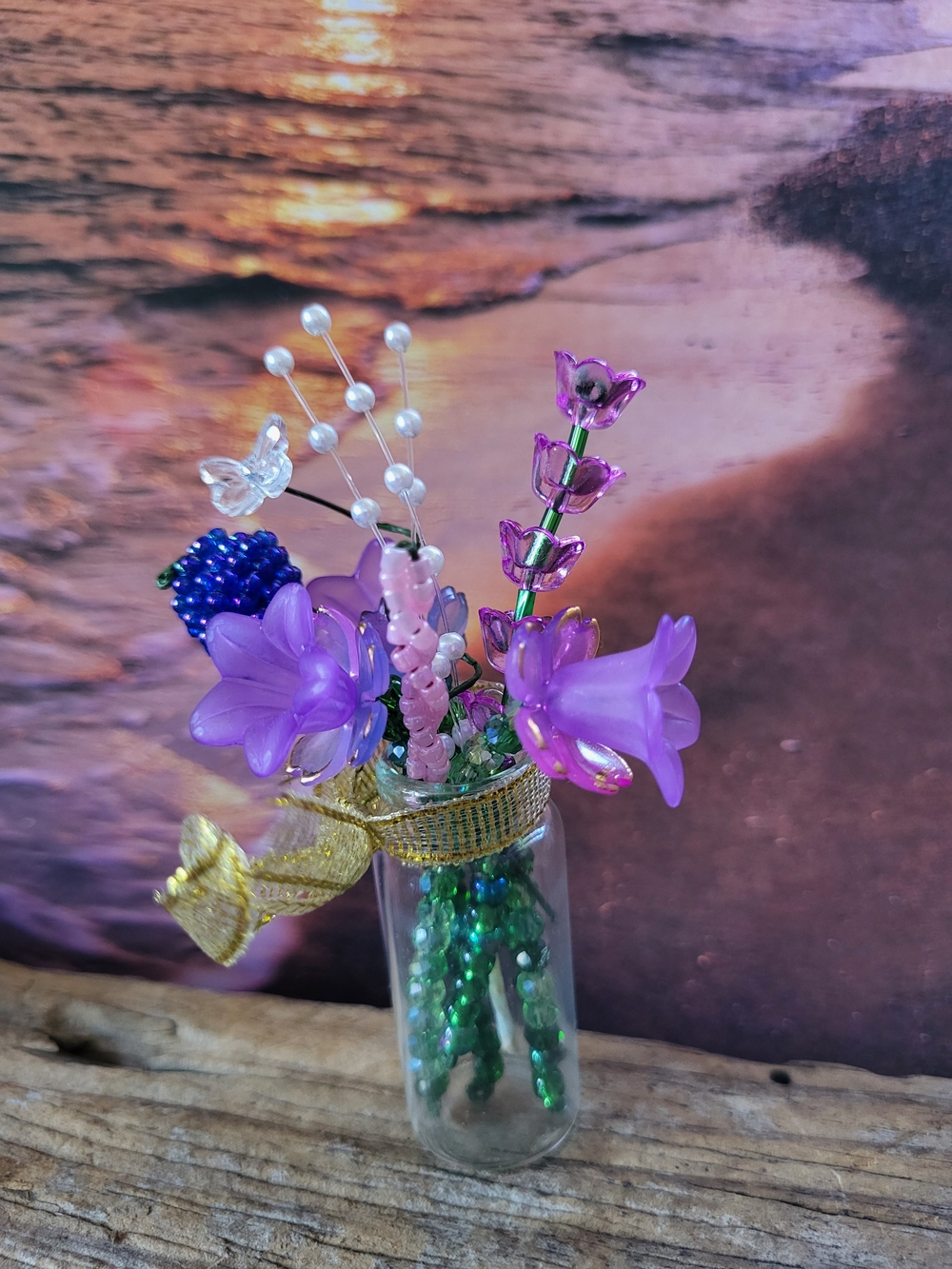 Purple Beaded Floral Bouquet in Mini Glass Vase